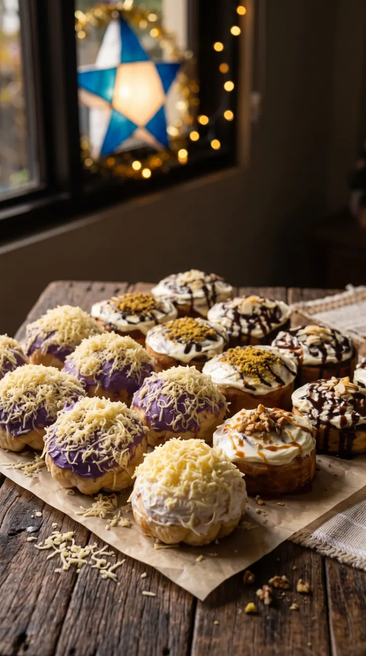 A table of ube, classic cheese and frosted ensaymada with a parol lantern in the window